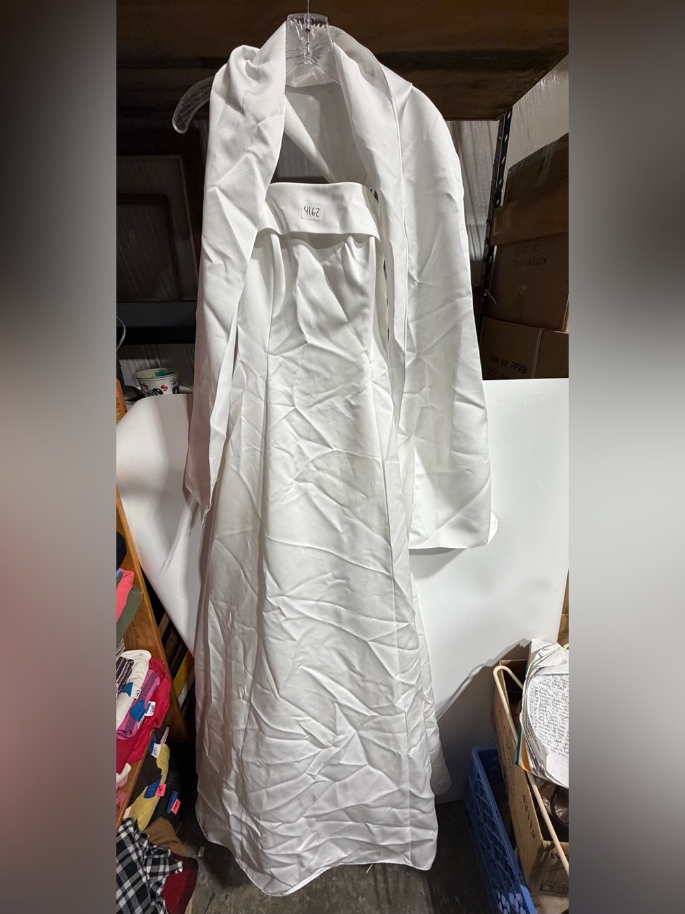 #4162-Urban Girl Nites White Spaghetti Strap Satin Maxi Dress with Shawl